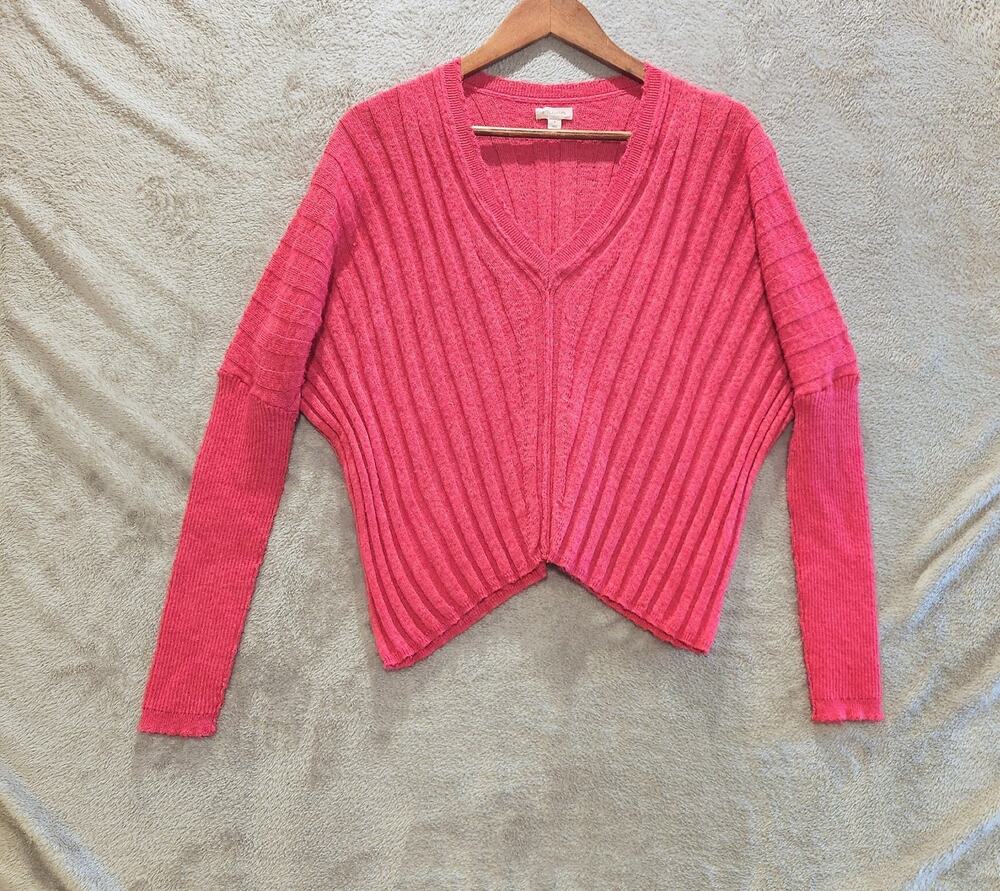 Pilcro Hot Pink V Neck Ribbed Boxy Dolman Sleeve Sweater Size Small Oversized